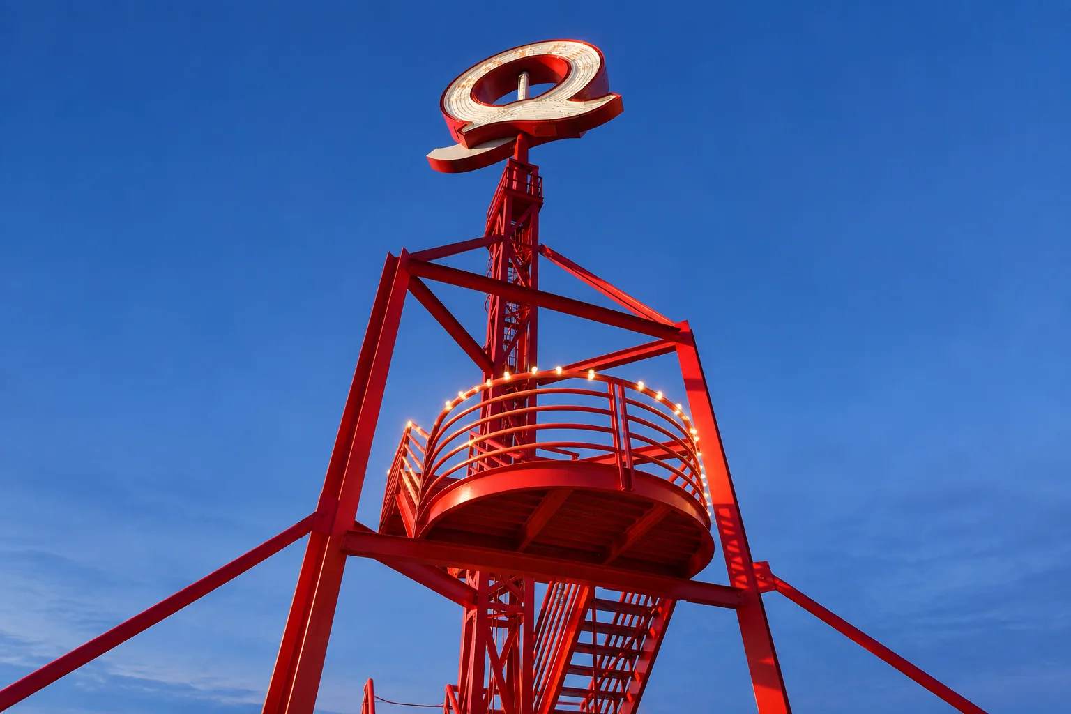 The red Q lookout structure and market entrance at Lonsdale Quay in North Vancouver