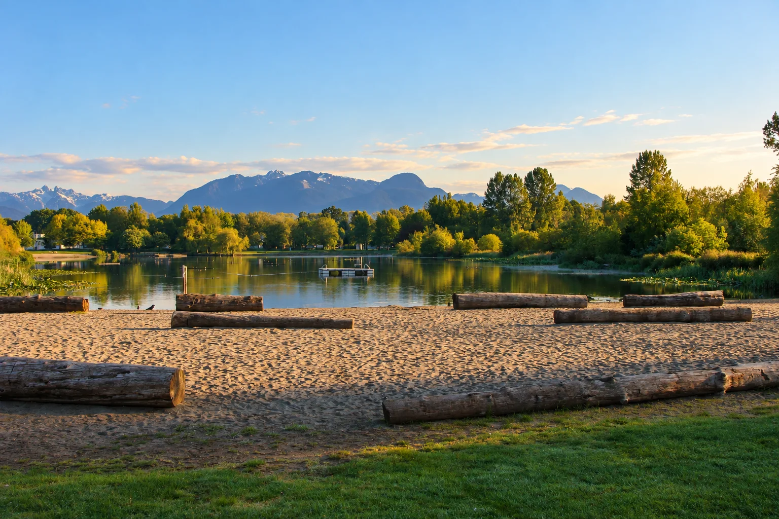 Trout Lake beach in John Hendry Park with logs, lake, dock, and distant mountains